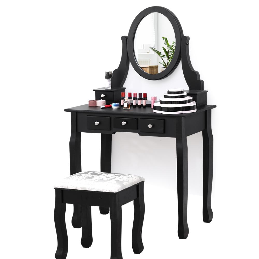 5 Drawer Mirror Dressing Table Stool In Black Makeup Desk